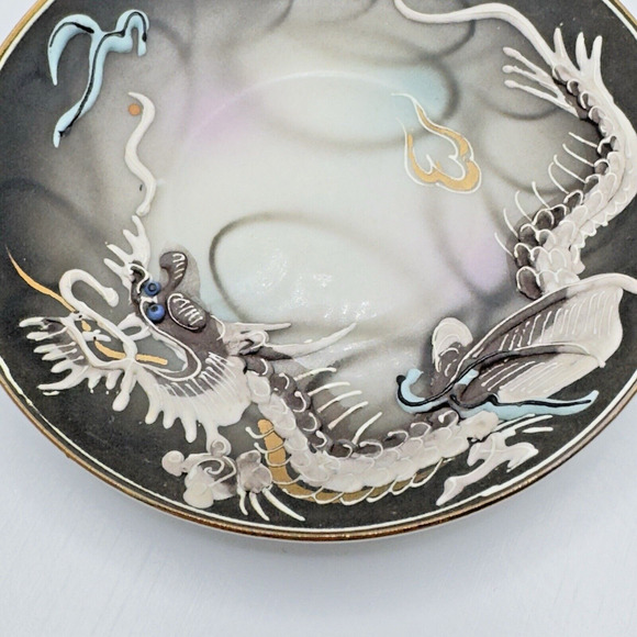Vintage Geisha Lithophane Dragonware Small Teacup & Saucer Moriage Black Japan - Picture 10 of 16